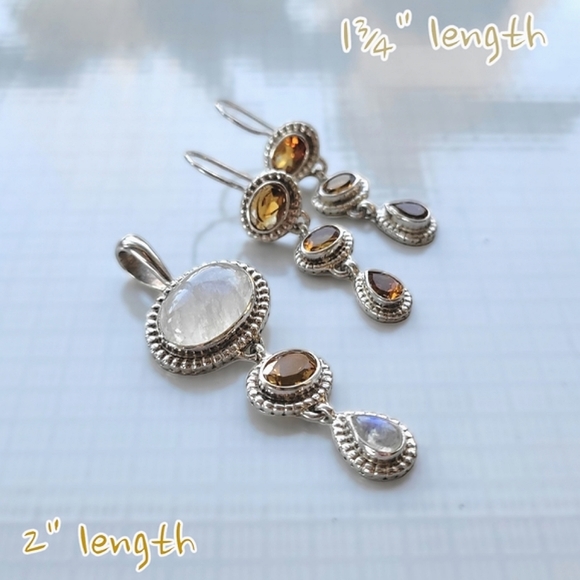 Vtg set | Citrine and rainbow moonstone sterling silver earrings & pendant - Picture 2 of 13